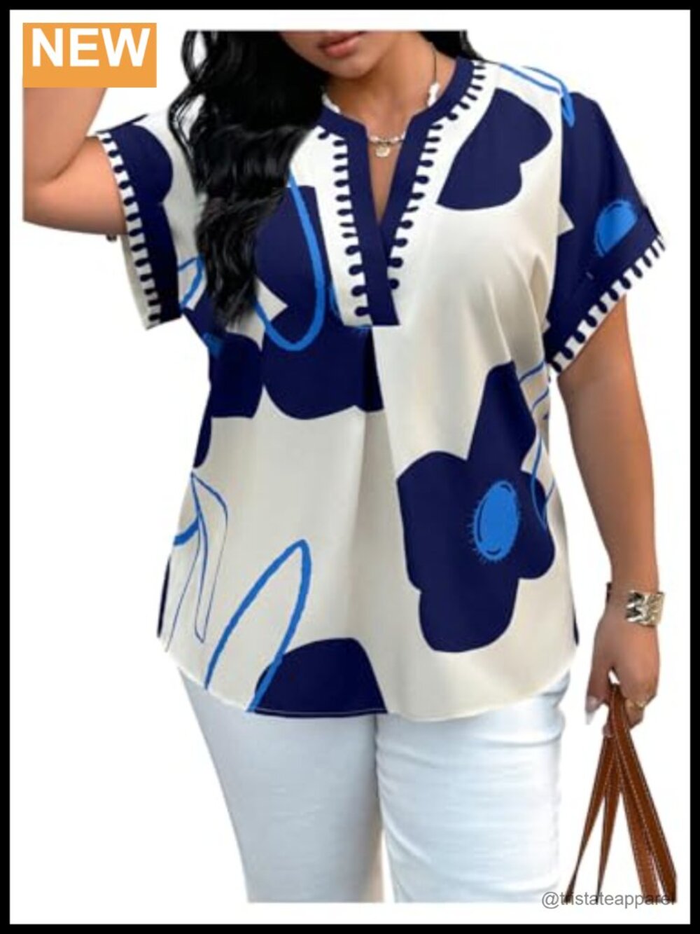 Plus Size Floral Notched V-Neck Blouse Short Dolman Sleeve